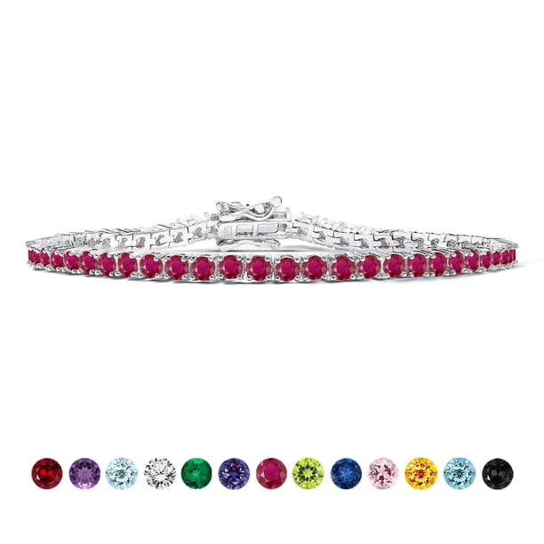 JeenMata Classic 5.5 TCW Corte redondo Julio - Rubí - Pulsera de tenis con piedra natal Diseño de eternidad - Chapado en oro blanco, Mujer, Adulto