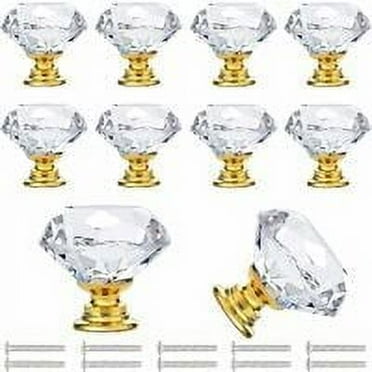 Crystal Glass Cabinet Knobs with Gold Base, Transparent Drawer Handles