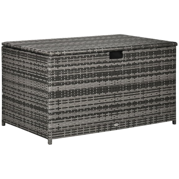 Rattan Wicker Outdoor Deck Box with Hydraulic Lift & Handle, Liner for Patio, Pool, Garden Tools, Gray