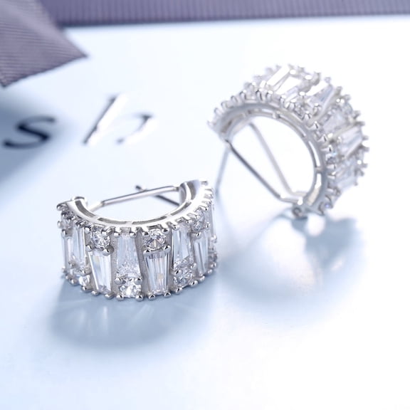 Amy and Annette 14K White Gold Plated Round and Emerald Huggie Earrings with Genuine Crystals