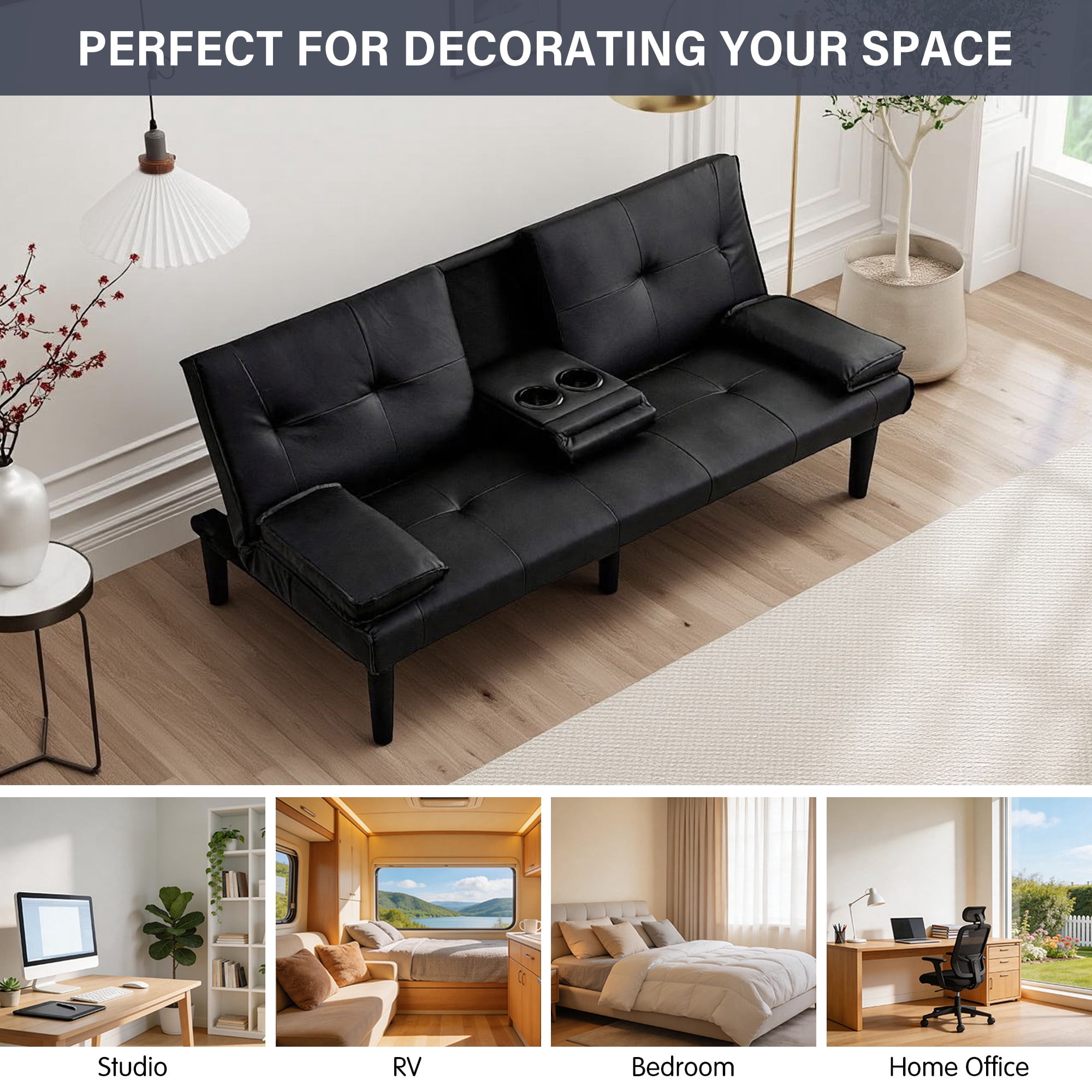 CARZZI LIFE Futon Sofa Bed PU Leather Modern Convertible Futon Couch with Removable Armrests, Cup Holders, Loveseat Sleeper Sofa Bed for Living Room, Apartment, Small Spaces (Black)