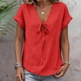 thumbnail image 2 of Tweang Gauze Shirts for Women Cotton Linen Embroidered Tops Lapel Long Blouses Tops Loose Fit Tunic Half Sleeve Casual Blouses Oversized Button Down Shirts for Women Loose Gauze Tunics Red 2XL, 2 of 8