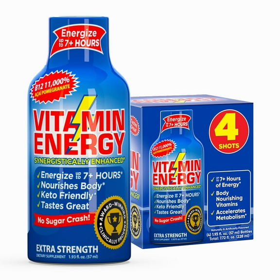 Vitamin Energy B12 Extra Strength Shot, Açaí Pomegranate, 4 Pack – 260mg Natural Caffeine, 11,000% DV B12 & B6, Zero Sugar, 1.93 fl oz