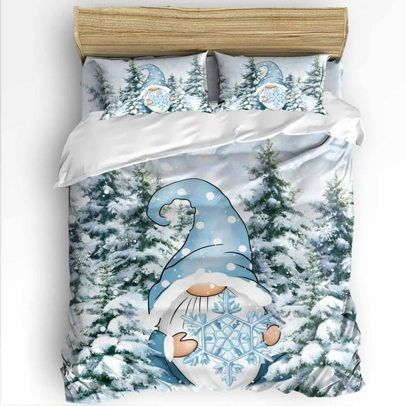 Christmas Blue Gnome Twin Size Comforter Set, Snowflakes Xmas Trees Winter Snow Scene Soft Bedding for All Seasons, 4 Pcs Bed Set with 1 Comforter (68"x86") ,1Sheet(66"x116"), 2 Pillowcases (19"x29")