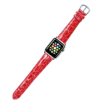 Apple Watch Strap - Genuine Crocodile Watch Band - Red - Fits 38mm Series 1 & 2 Apple Watch [Black Adapters]