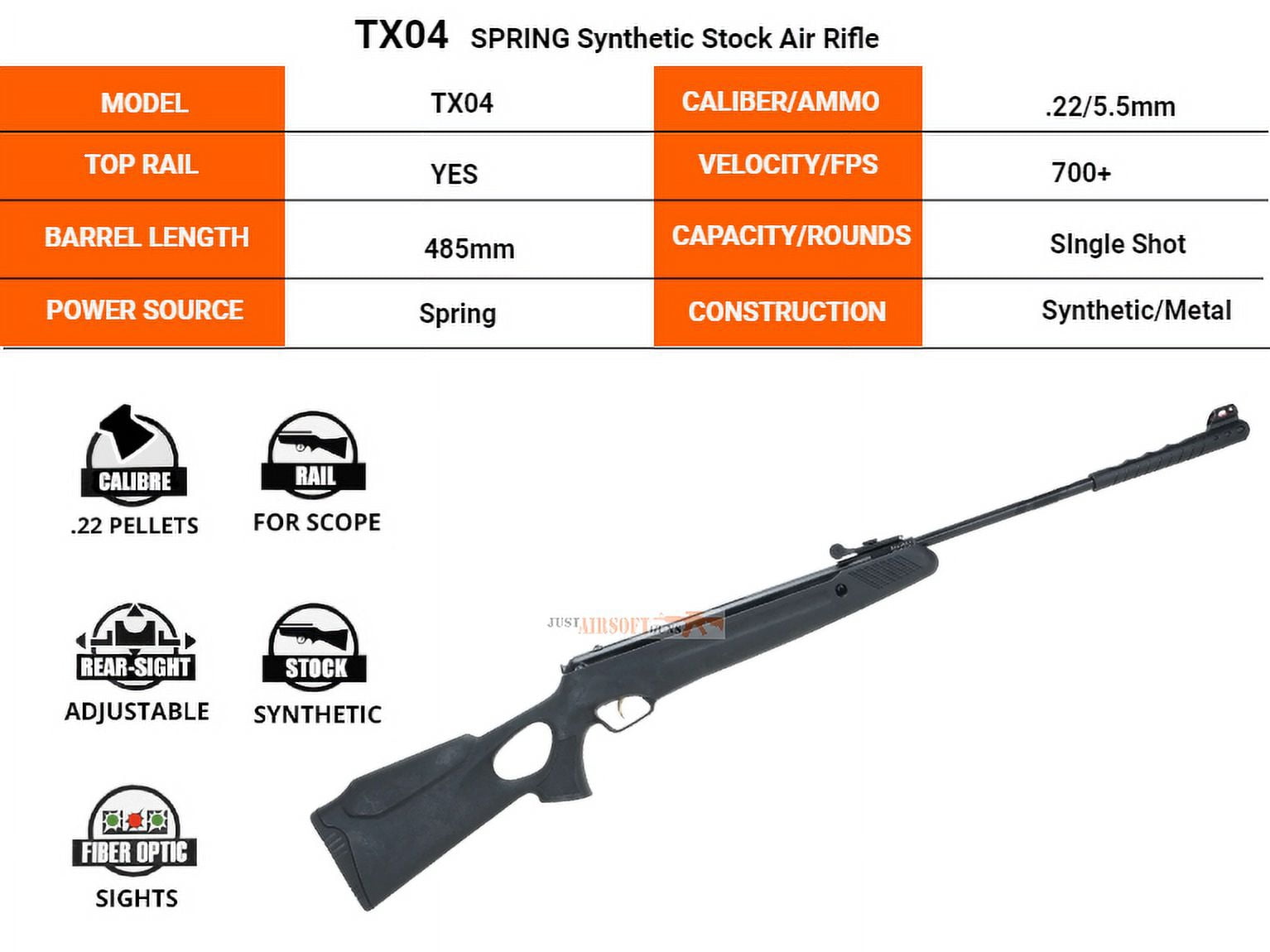Trimex Arms Air Rifle .22 Cal Pellet Spring Power 485mm Break Barrel 700+ Fps 200 RDS 5.5mm Pellet