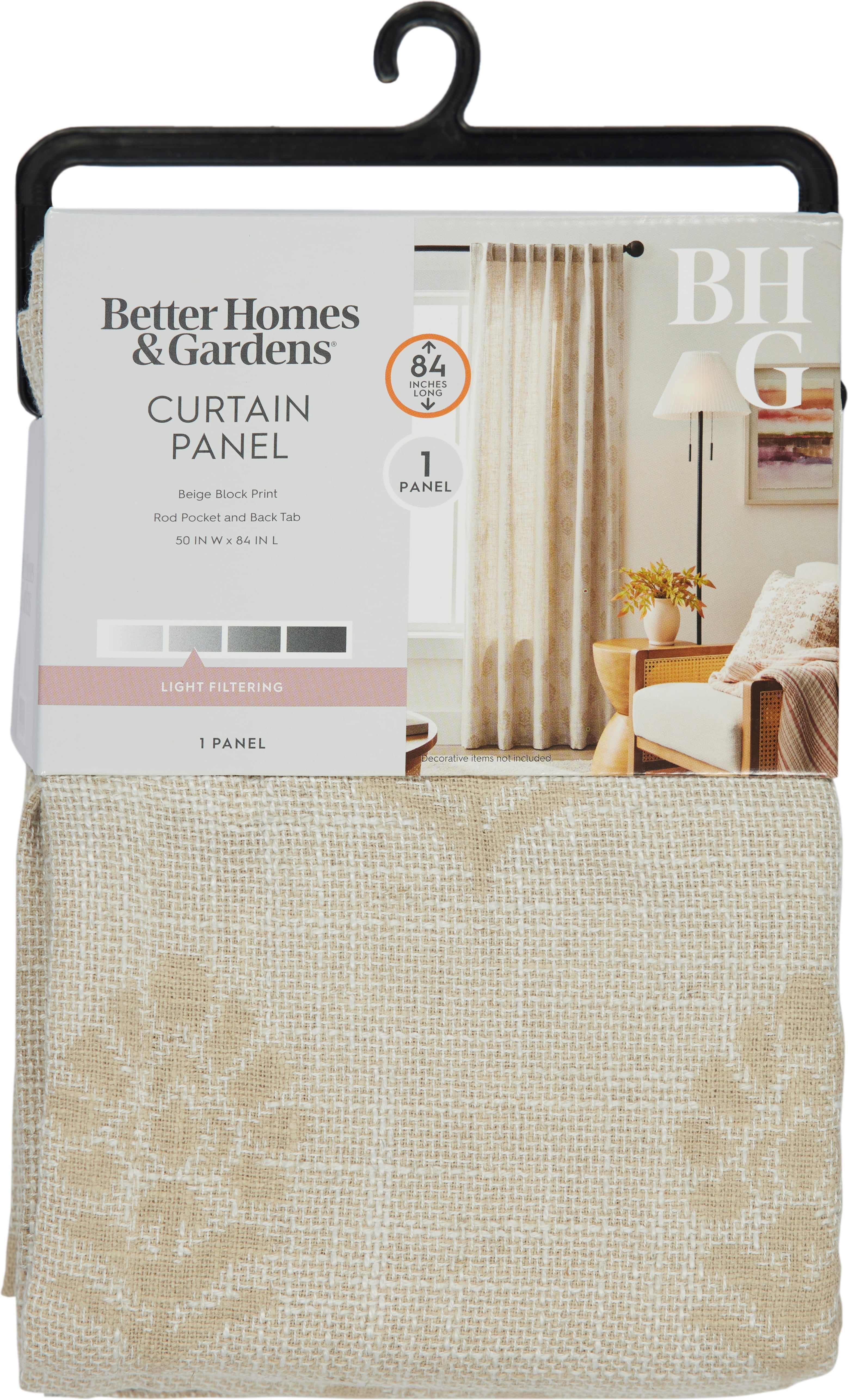 Better Homes & Gardens Floral Block Print Light Filtering Single Curtain Panel, Beige, 50"W x 84"L