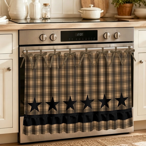 Oven Skirt Curtain for Kitchen 21.5x30 Inch, Brown Black Plaid Oven Curtain with 8 Ribbon Ties & Ruffle Trim, Stove Skirt Curtain Dishwasher for Cabinets Over Sinks Vintage Rustic Star Buffalo Check