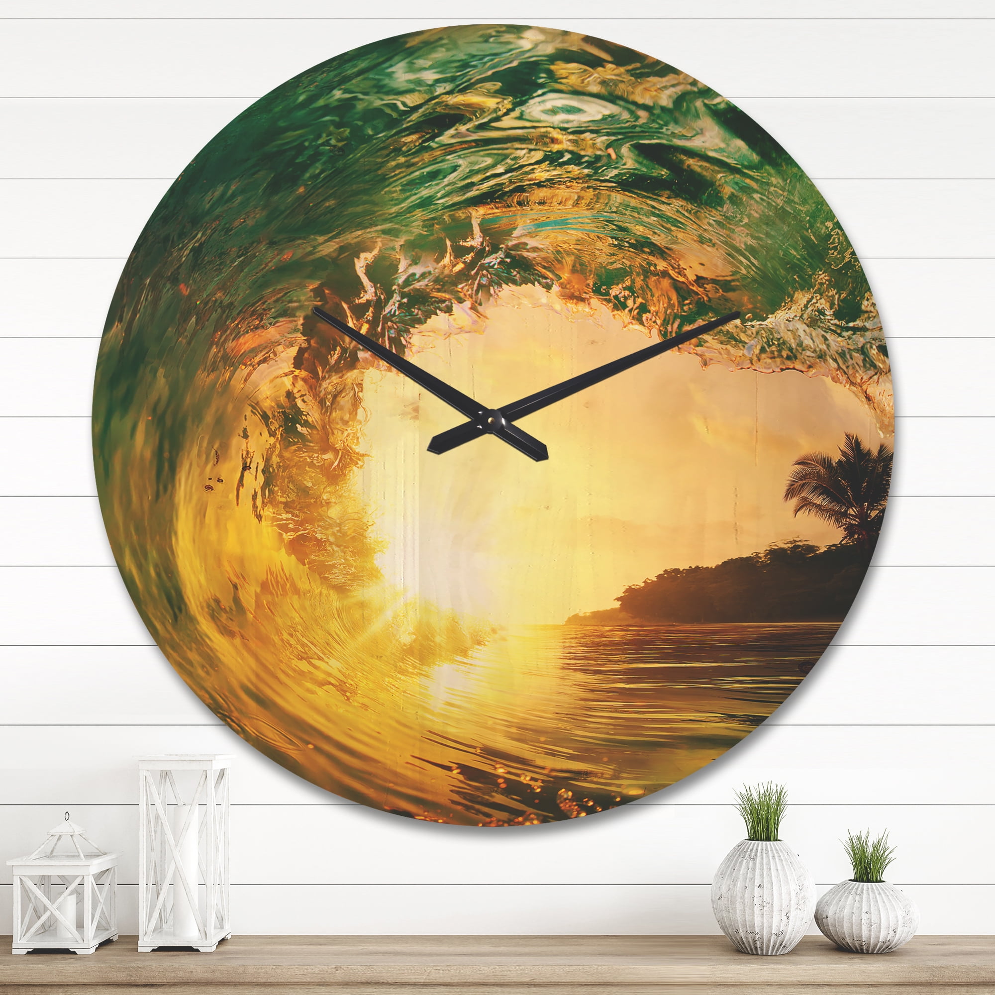 Designart 'Colored Ocean Waves Falling Down At Sunset IV' Coastal Wood Wall Clock