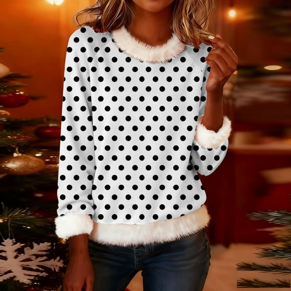 Teyfeniy Christmas Womens Polka Dots Tops Long Sleeve Fleece Crew Neck Fashion Casual Comfy Shirts Stylish Warm Winter Fall Blouses Christmas Gift for Women