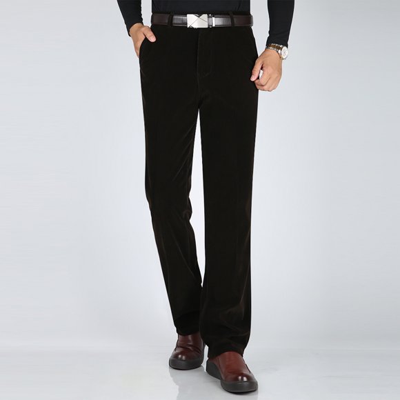 Pisexur Mens Dress Pants Solid Middle-Aged Corduroy Button Zipper High Waist Pocket Trousers Long Pants Brown,S