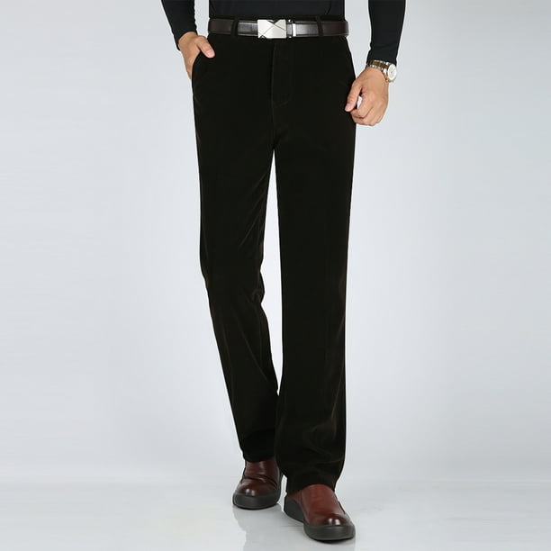 Pantalones largos de pana para hombre, de mediana edad, lisos, con botones, cremallera, cintura alta, bolsillos, pantalones largos de poliéster para hombre.
