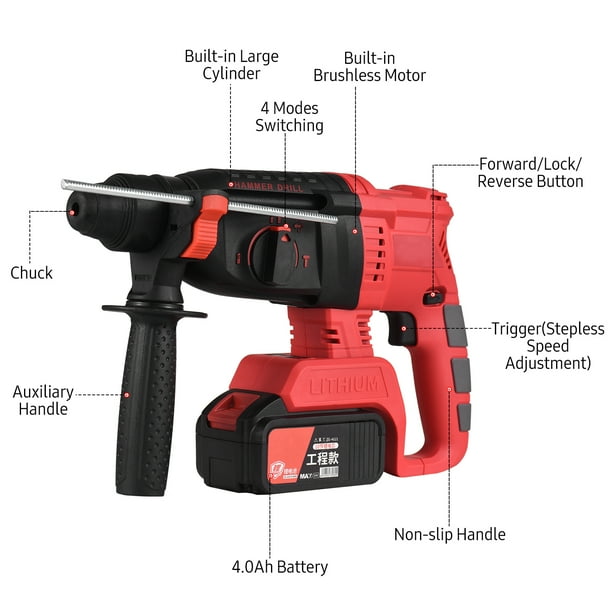 21V Cordless Brushless Rotary Hammer Drill with Carry Box 3 in 1