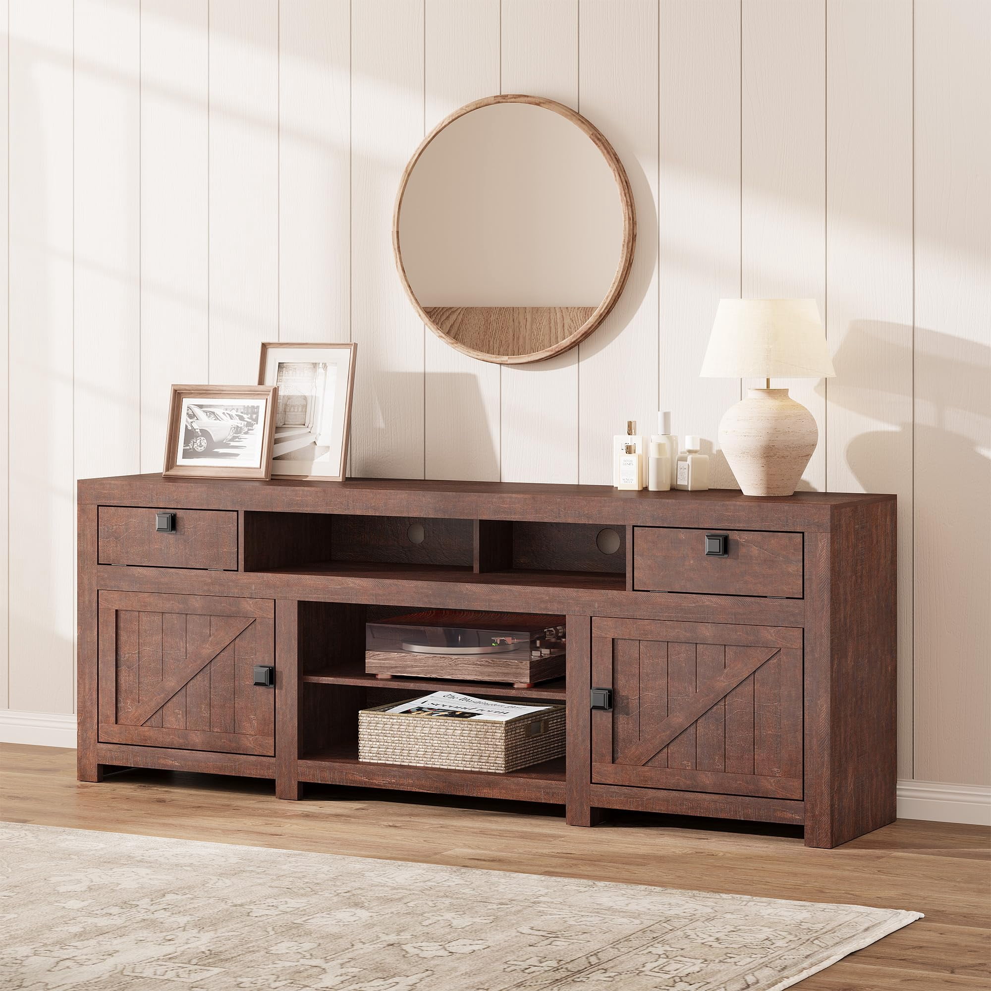 70-Inch Farmhouse TV Stand for TVs Up to 80", Entertainment Center with 4 Storage Drawers & 3 Open Shelves for Living Room-Brown