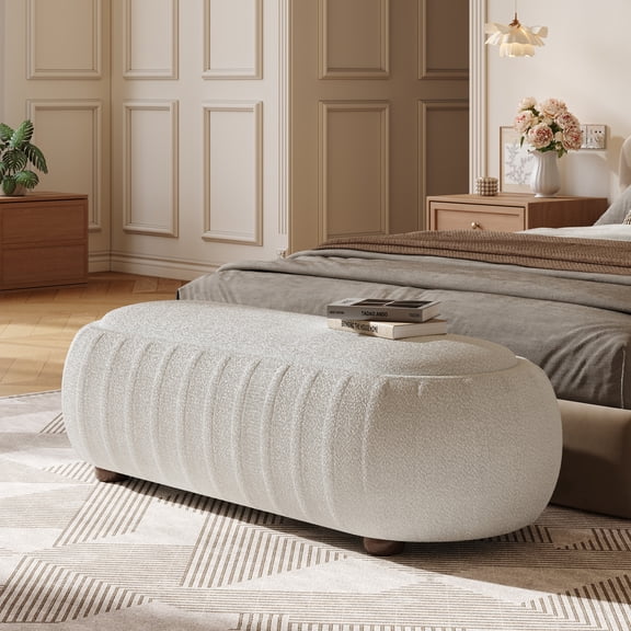Christopher Knight Home 50" Oval Boucle Upholstered Ottoman with Solid Wood Legs, White