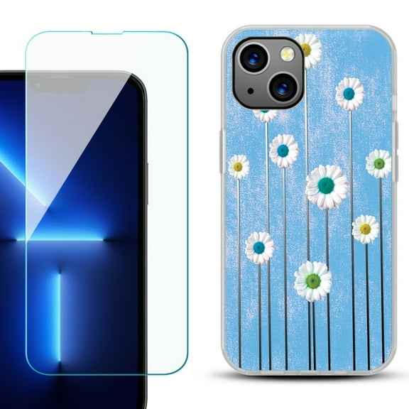 OneToughShield ® for iPhone 15 Plus Shockproof Phone Case, with Tempered Glass Screen Protector - Daisy Sky