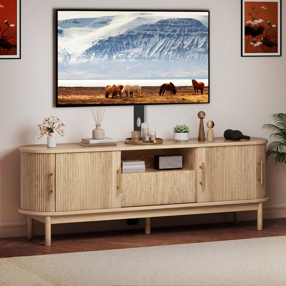 ModFusion 66 Inch Fluted Media Console with Adjustable Wall Mount Fits 32-70 Inch TVs for Living Room, Natural Oak
