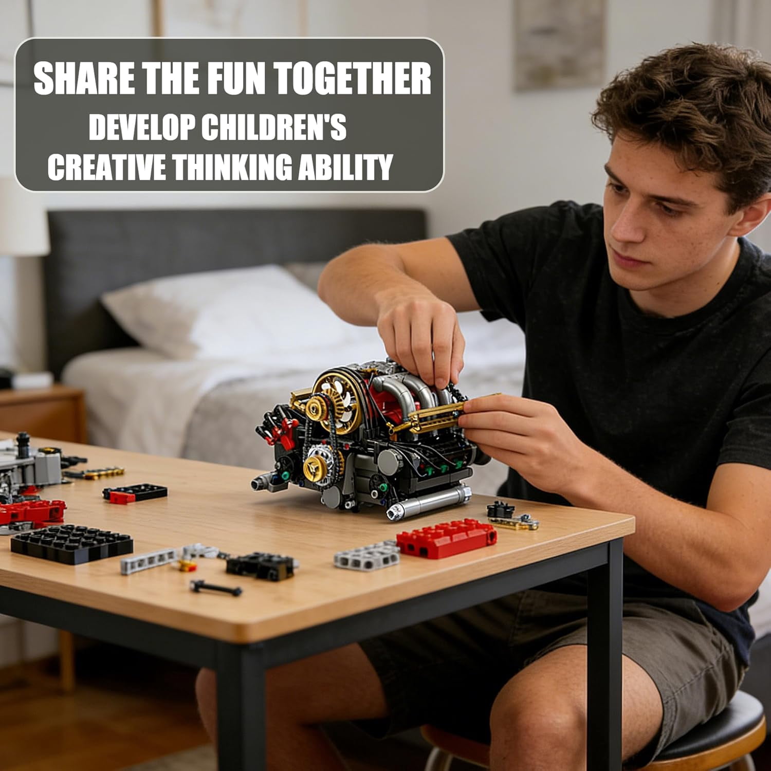 H6 Model Engine Kit that Runs,H6 Engine Building Block Kit 879 PCS, Build Your Own Visible STEM Car Engine with Motor, Physical Science Educational Toy