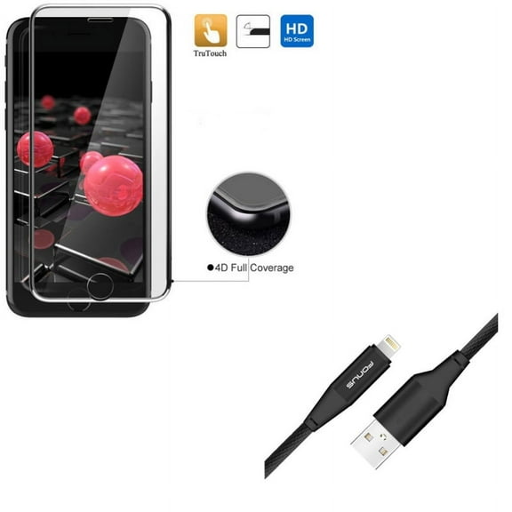 iPhone 8/7/6S/6 - Charger Cord 10ft USB Cable w Tempered Glass Screen Protector - Power Wire Braided Long Sync, 4D Touch Curved Edge Full Cover Bubble Free Soft Edge Hybrid for iPhone 8/7/6S/6