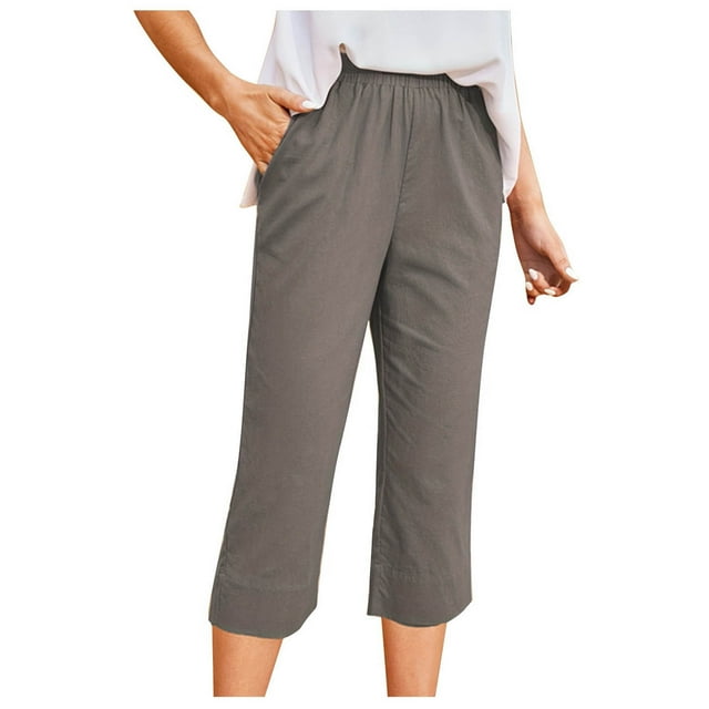 Timegard Capri Pants for Women Elastic High Waist Casual Loose Crop Pants with Pockets Solid Color
