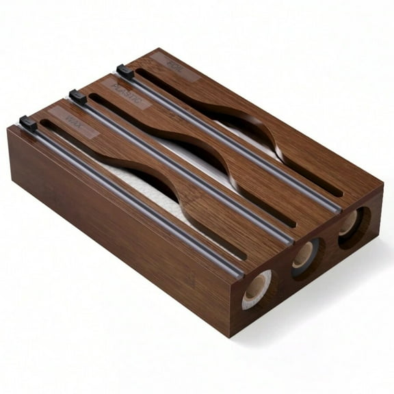 JQDWMDLX 1pc Bamboo Plastic Wrap Dispenser, Kitchen Organiser, Aluminum Foil and Plastic Wrap Storage Box, Suitable for Kitchen(Brown)