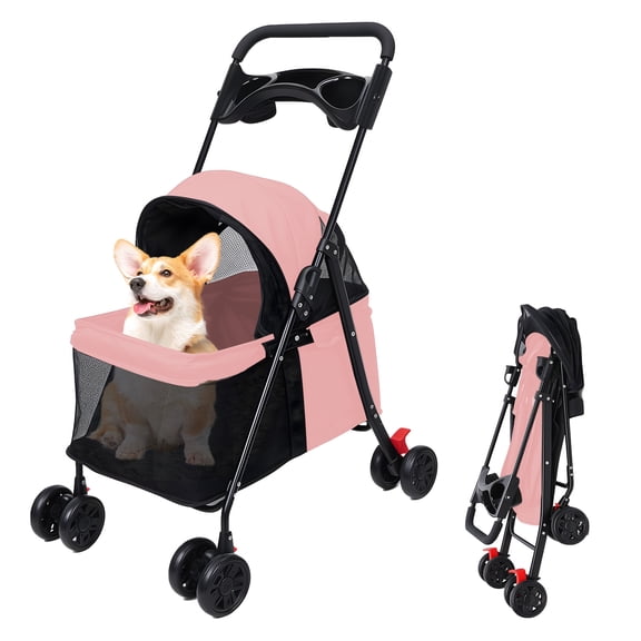 Birinta Pink 4 Wheels Dog Cat Stroller, Outdoor, Dog Cat Cage Stroller with Cup Holder, Visible Window for Medium Small Dog