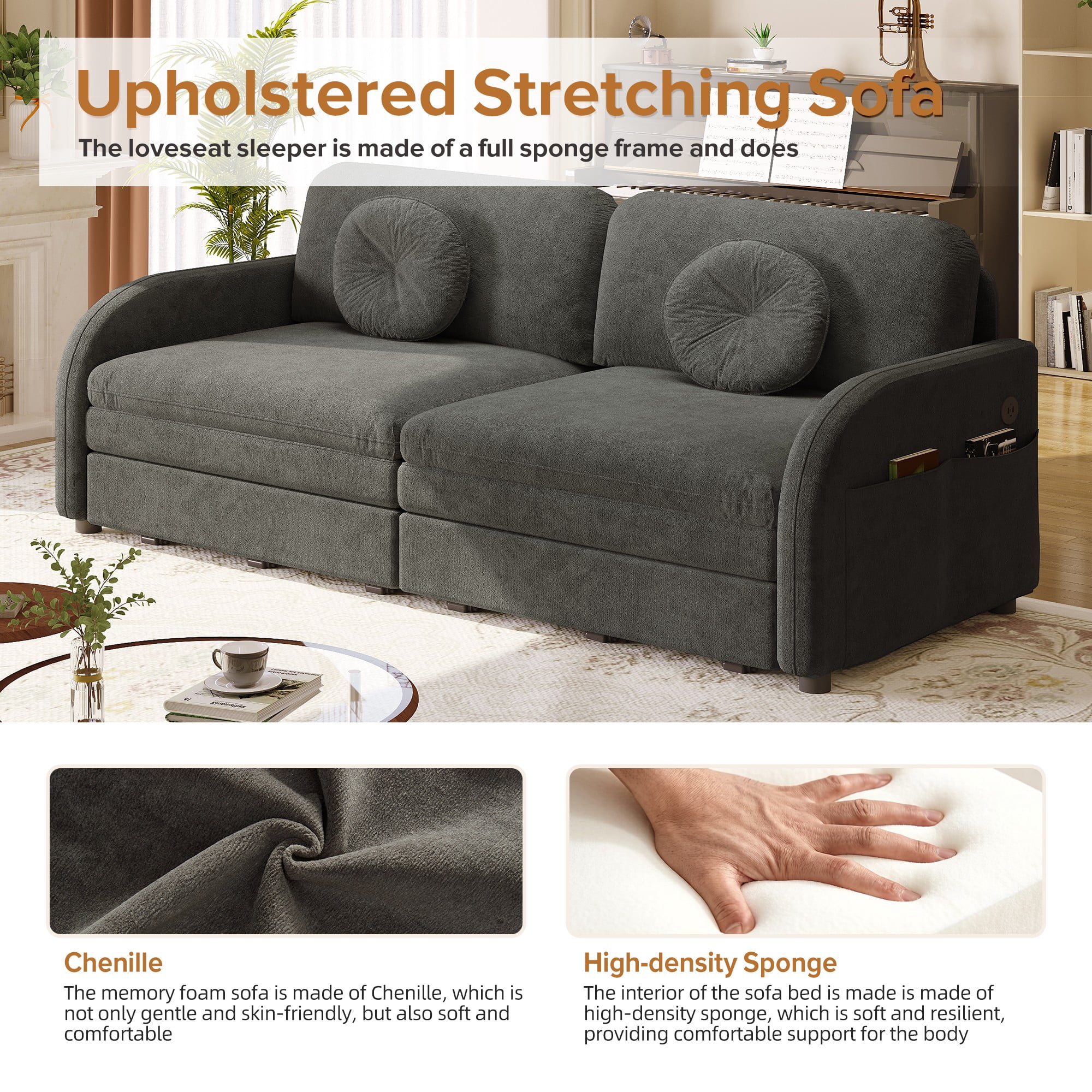LLappuil Queen Size Pull Out Sofa Bed, Compact Loveseat Sofa Covertible Sofa Bed with USB Port, Side Pocket , Chenille Sofa Couch for Living Room Gray