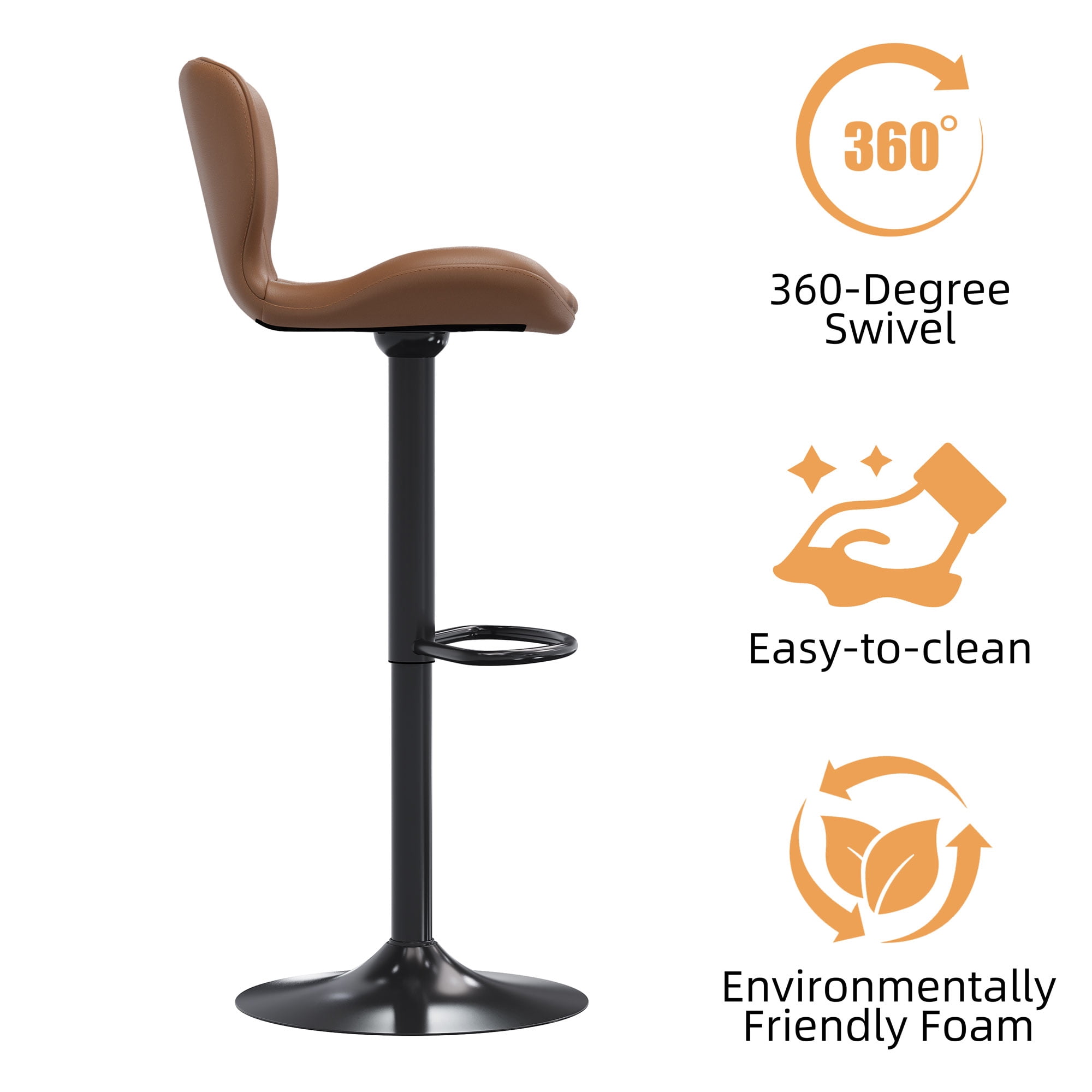 Walsunny Adjustable Bar Stools Set of 2 Leather Upholstered Swivel Counter Stools Counter Height Bar Stools with Large Base, Room Bar, Brown