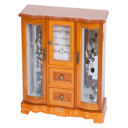 Mele Designs Lyra Glass Door Jewelry Box, Burlwood Oak Finish