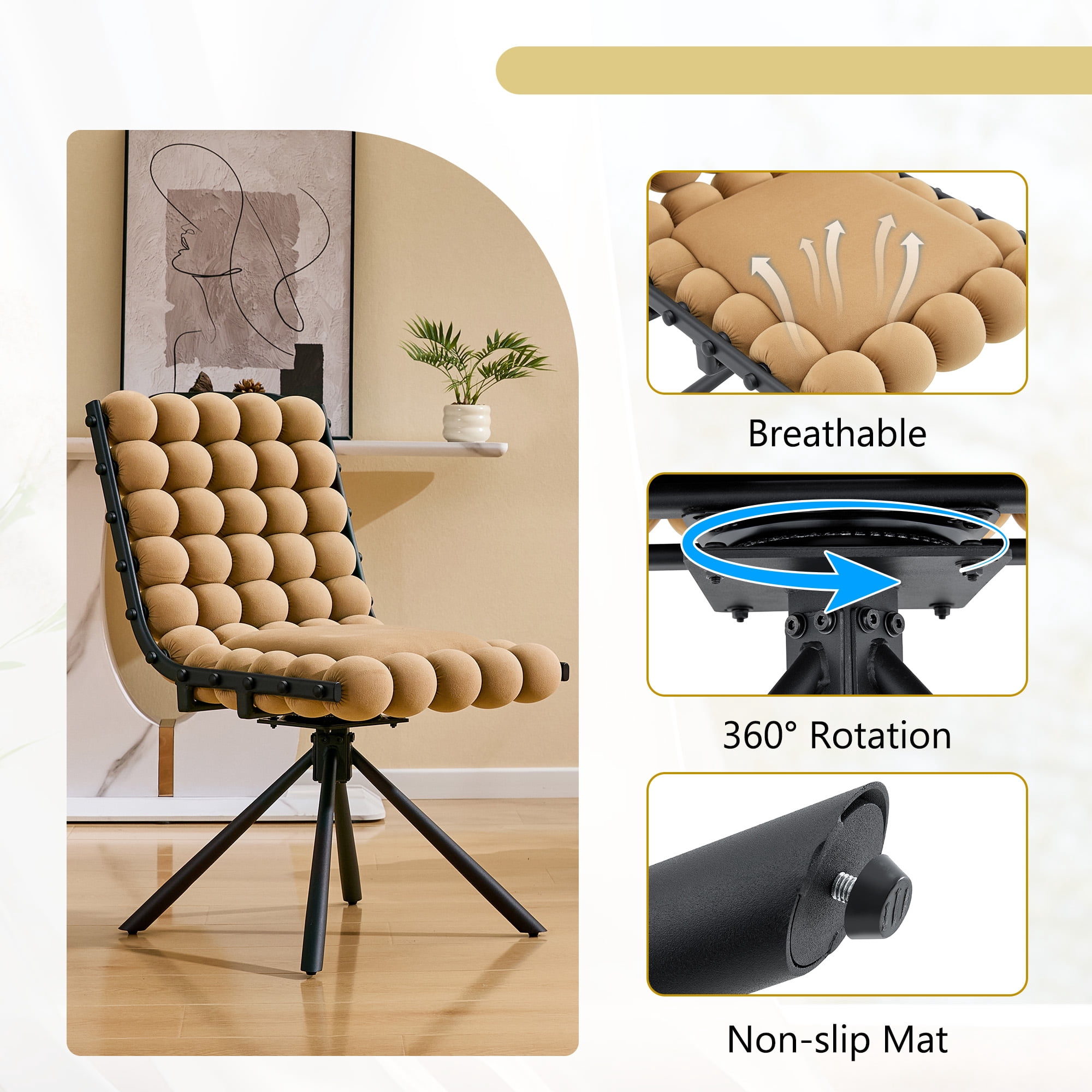 Aukfa Velvet Swivel Dining Chairs Set of 2, Modern Bubble Tufted Kitchen Side Chairs, Black Metal Legs,Camel
