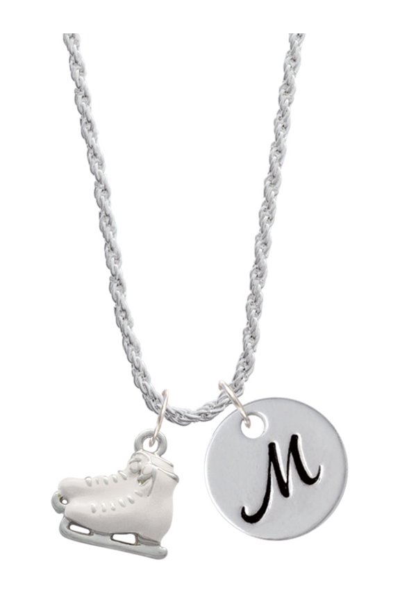 Silvertone White Ice Skates Silvertone Script Initial Disc - M - Charm Necklace, 20"+3"