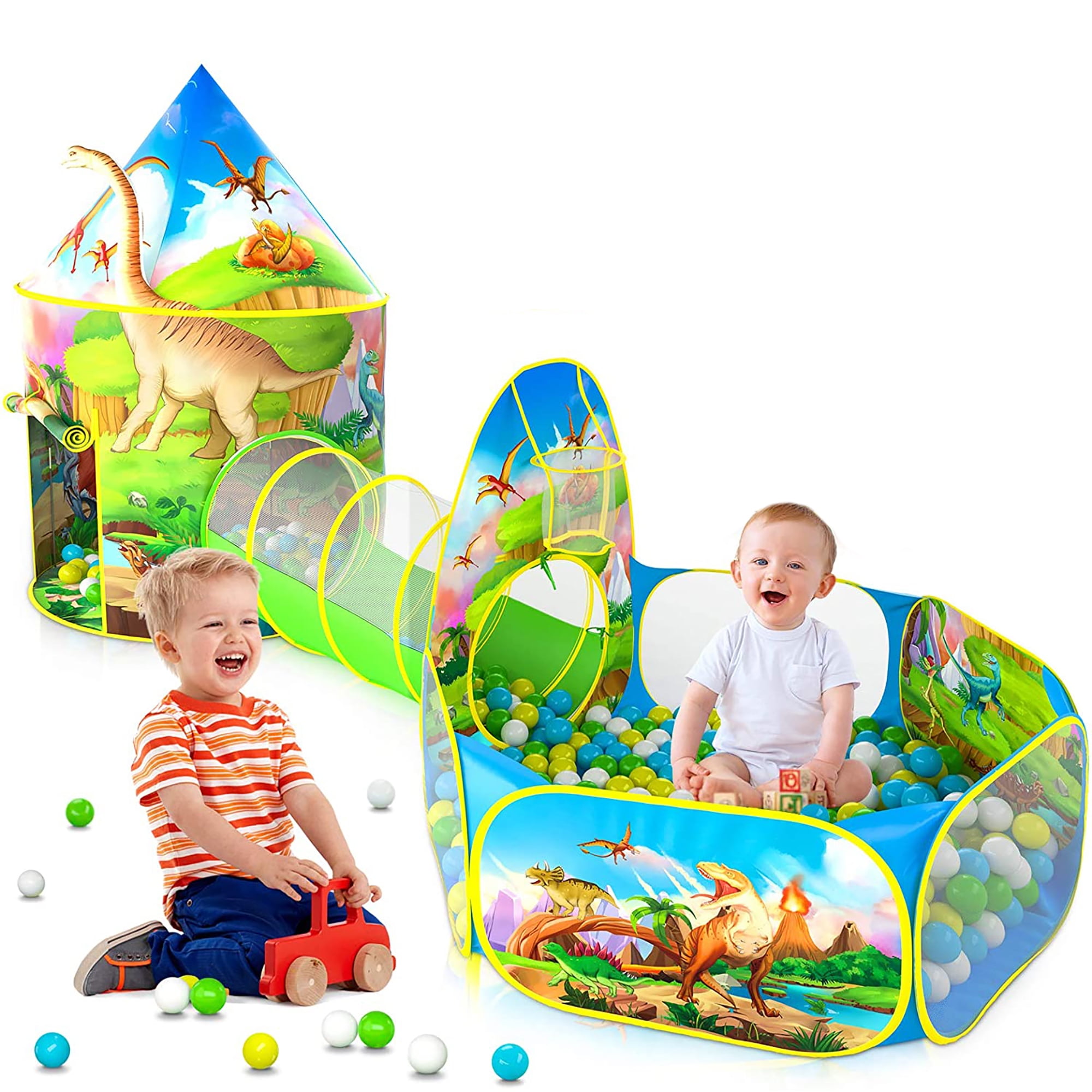 Large Dinosaurs Toys Ideal for Babies & Children 3-10 Years Old 3pc Pop Up Kids Indoor Tent Playhouse for Boys Girls Kids Play Tent with Tunnel & Ball Pit Castle House for Toddlers 