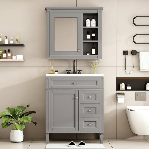 Harper & Bright Designs 30" Bathroom Vanity with Sink, Bathroom storage Cabinet with Drawers and Mirror, Bathroom Mirror Cabinet, Grey