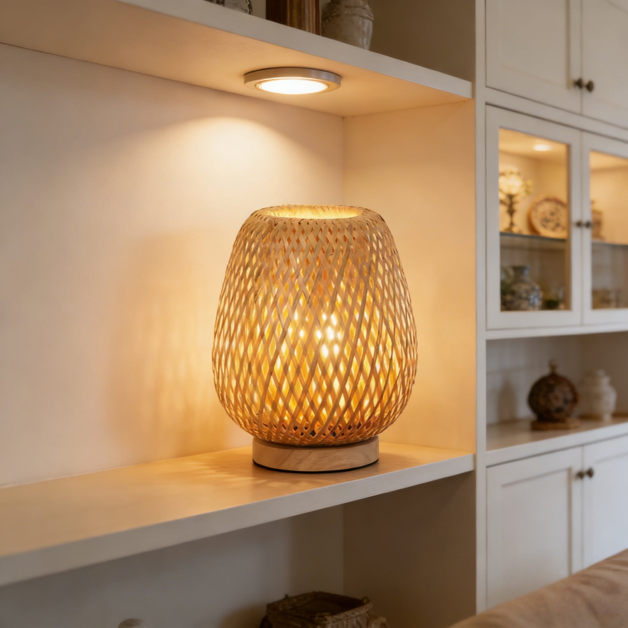 MEHOOM Rattan Table Lamp for Bedroom, Dimmable Unique Bedside Lamp, Farmhouse Desk Lamp for Bedroom, Living Room, Boho Rustic Decor (Natrue Bamboo)