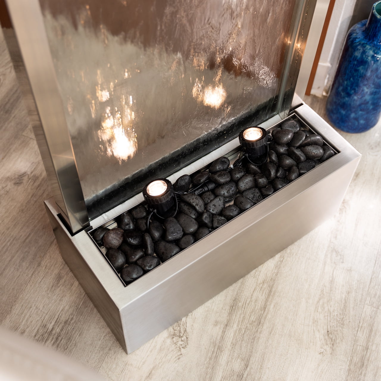 XBrand 68" H Freestanding Modern Indoor/Outdoor Waterfall Fountain w/ Decorative Rocks, LED Lights & Auto-Shut Off Pump, Stainless Steel Silver Frame/Mirror Glass, Silver