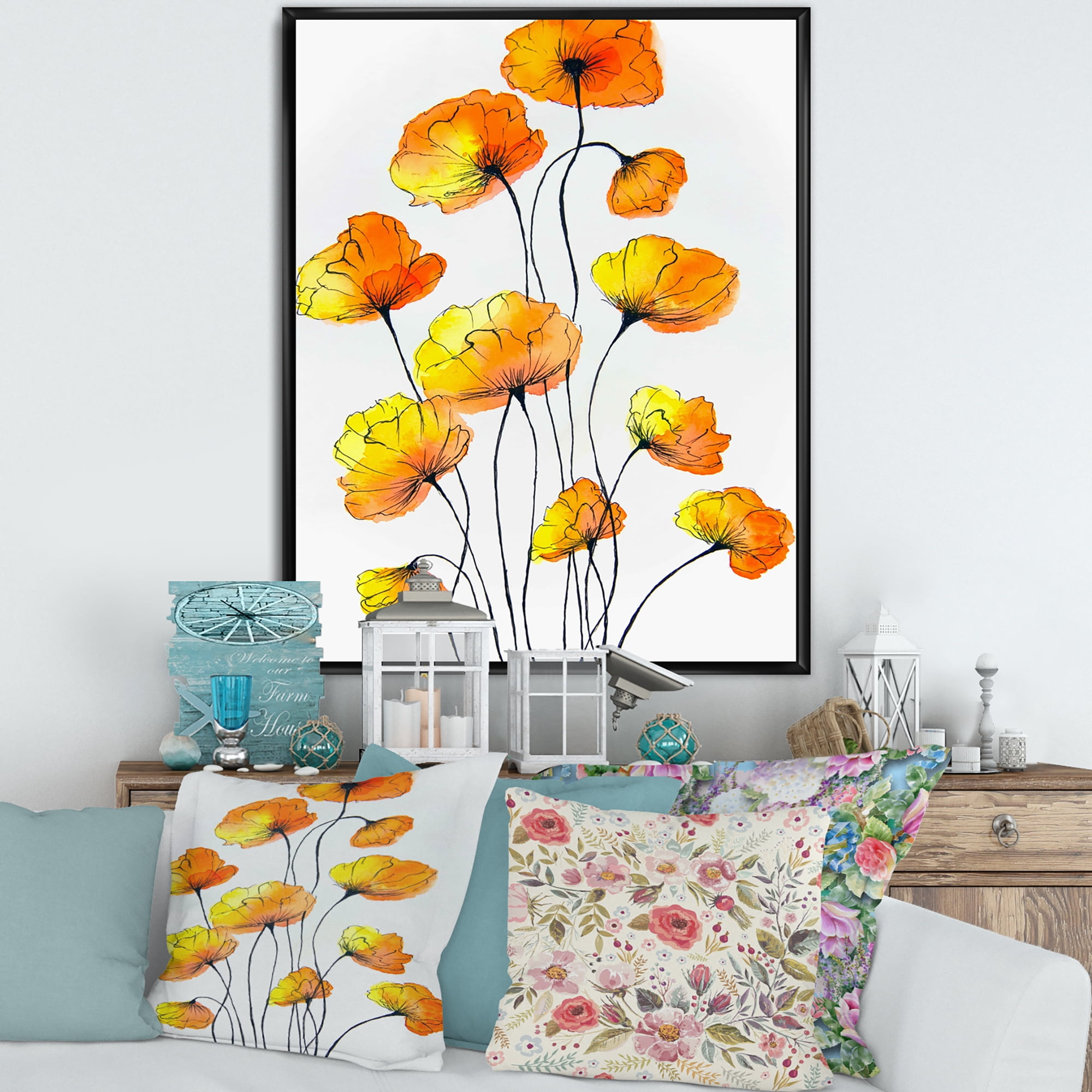 Designart 'Country Yellow Flowers On White' Traditional Framed Canvas Wall Art Print