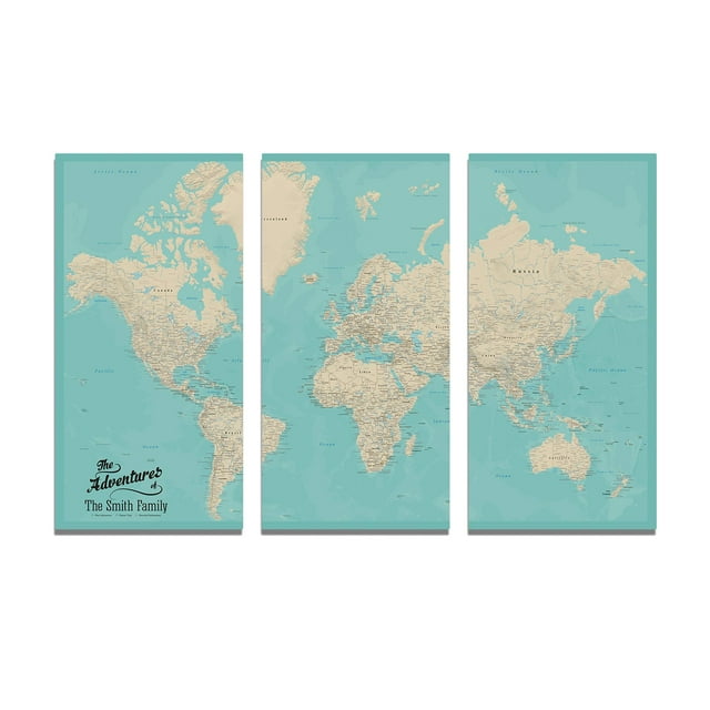 3 Panel - Teal Dream World Travel Map on Canvas with pins - Large Wall Map - Push Pin Travel Map