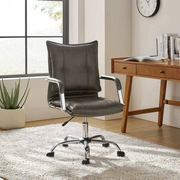 Faux Leather Home Office Desk Chair Adjustable Swivel Computer Chair Metal Legs Arms Backrest Task Chair Grey
