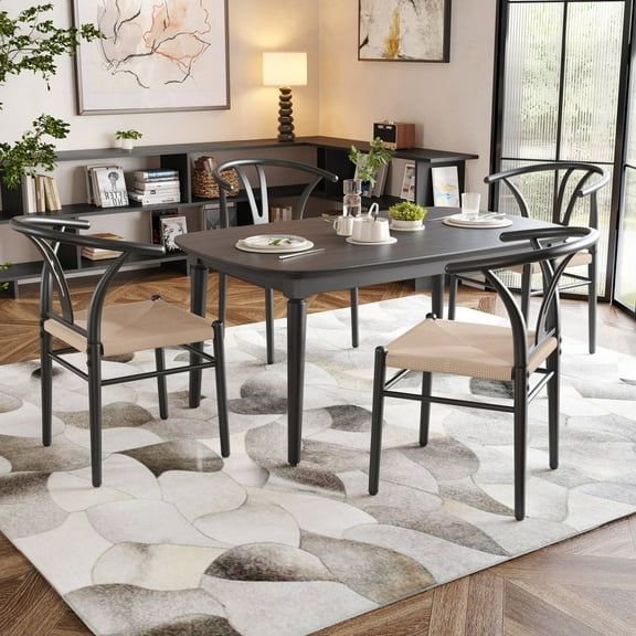 Farini Mid-Century Modern Wishbone Dining Chairs Set of 4, Metal Frame Side Chairs with Woven Seat for Kitchen & Beach House, Black-Beige