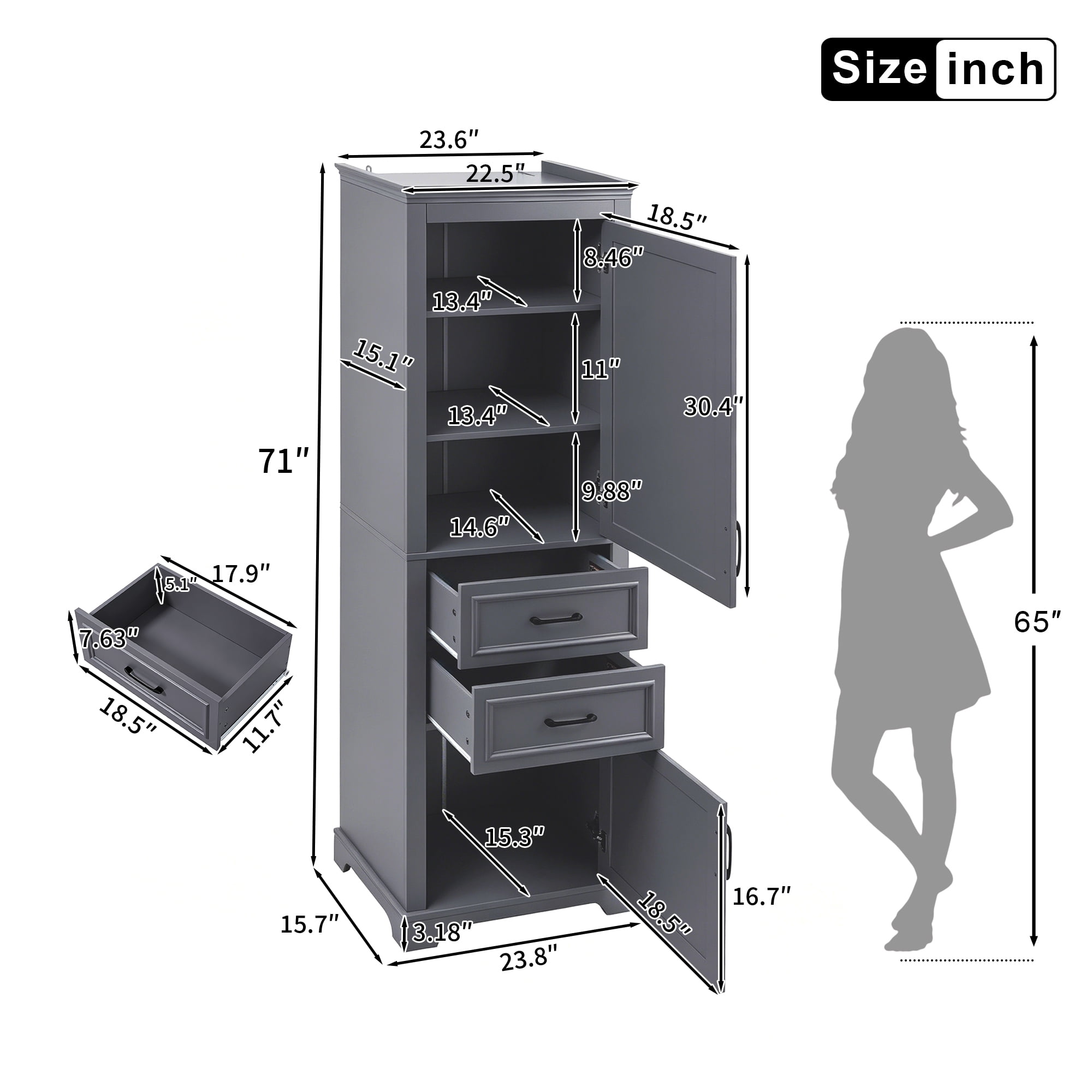Leumius 71" Tall Freestanding Bathroom Vanity with Damping-Hinge Doors, 2 Drawers, Adjustable Shelf, Anti-Tip Design, Modern Charcoal Gray Finish