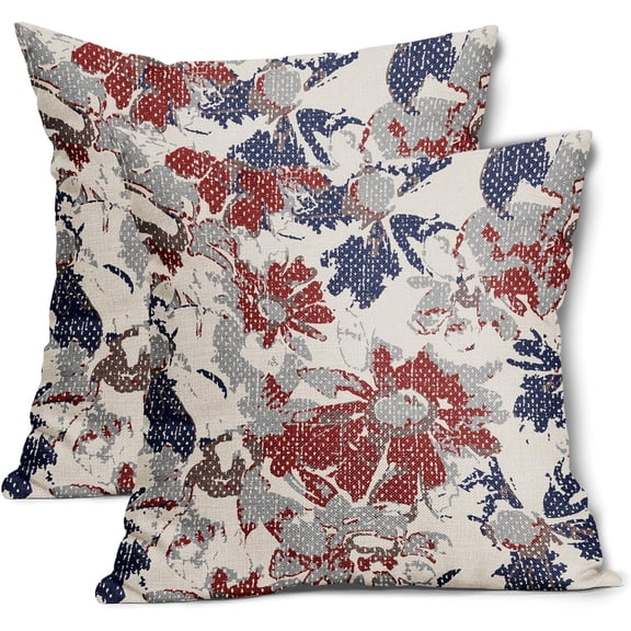 Blue and Red Daisy Pillow Covers 20x20 Inch Vintage Floral Farmhouse Flowers Linen Decorative Throw Pillow Case Cushion Cover Set of 2 for Bedroom Sofa Living Room Couch Chair