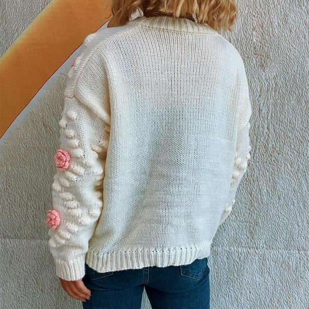 Women's 3D Floral Knit Cardigan, Cute Flower Button Up Long Sleeve