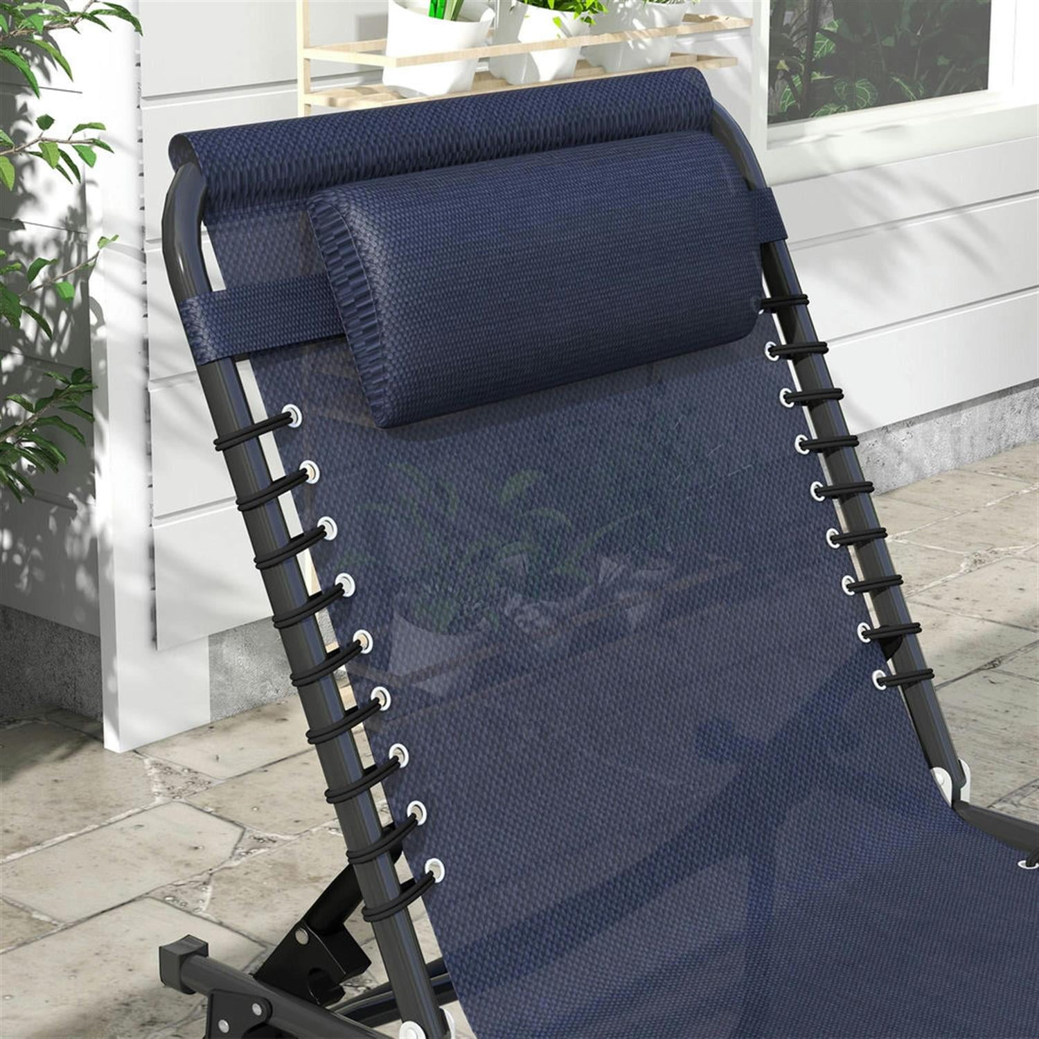 Demi Bonn Outdoor Folding Chaise Lounge Chairs Set of 2 with 4-Position Reclining Pillow-Back, Breathable Mesh Seat, Bungee for Pool, Beach, Patio, Navy