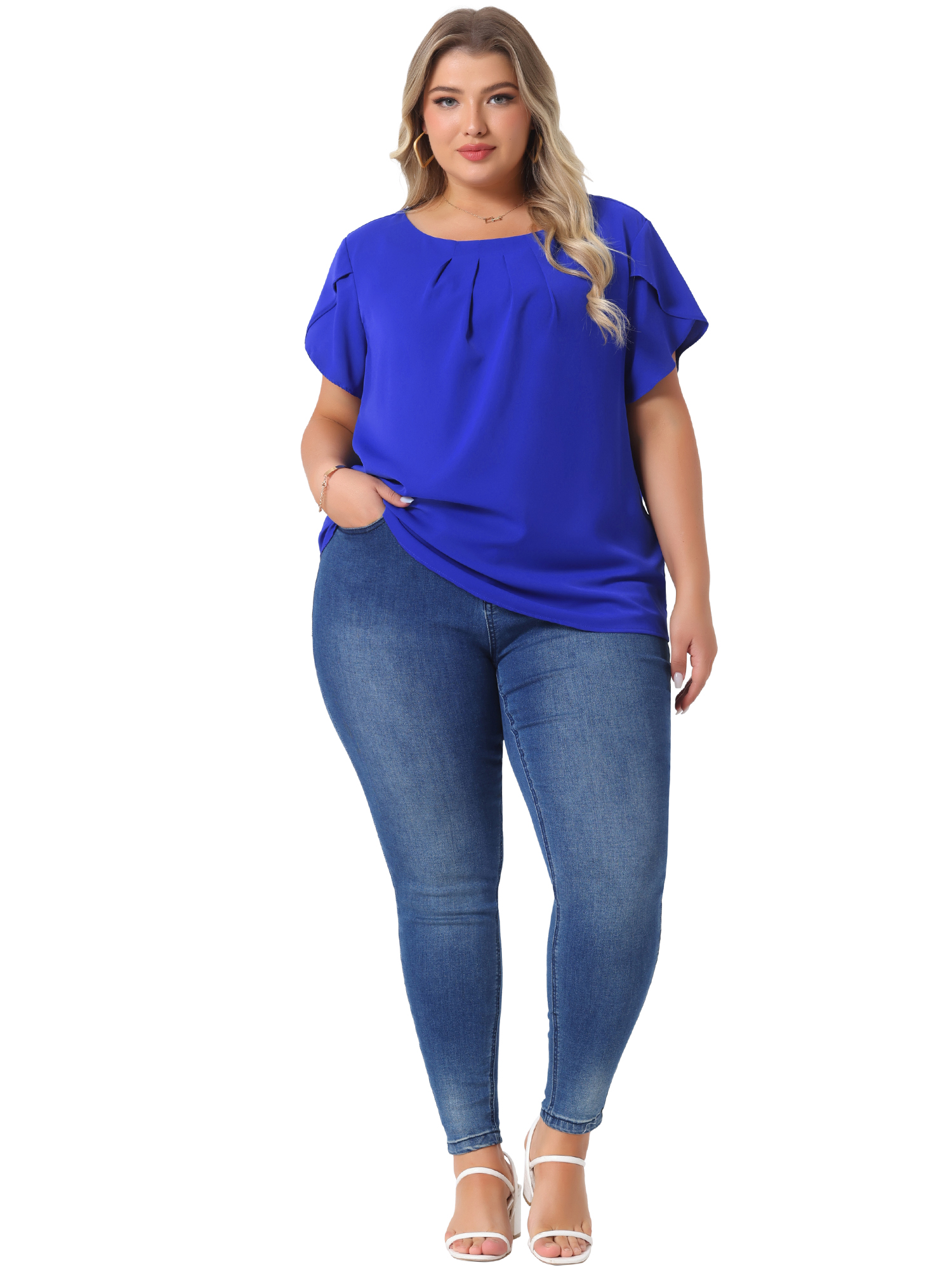 DARING DIVA Women's Plus Size Round Neck Pleated Tulip Sleeve Shirt Blouse 3X Royal Blue