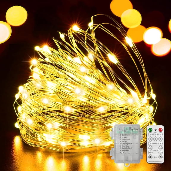 LAMPHOME Warm Yellow Copper Wire Fairy Lights with Remote - 100 LEDs, Waterproof Battery Operated, for Home & Holiday Decor
