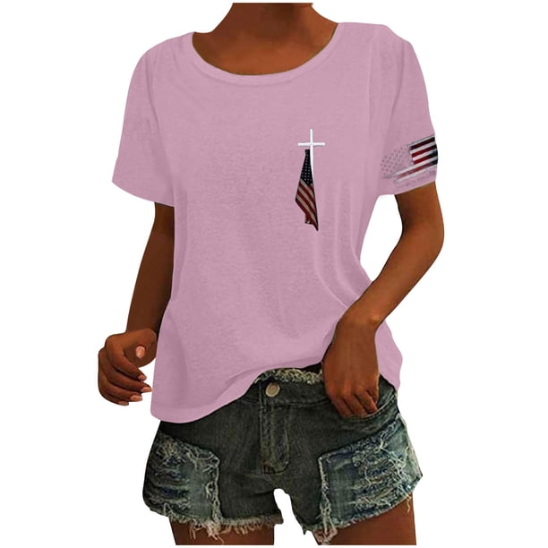 Tops Cortos para las Mujeres Día de la Independencia Patriótica Impreso Cuello en V, Manga Corta Top Casual para Diario, Fiesta Y Todas las Estaciones
