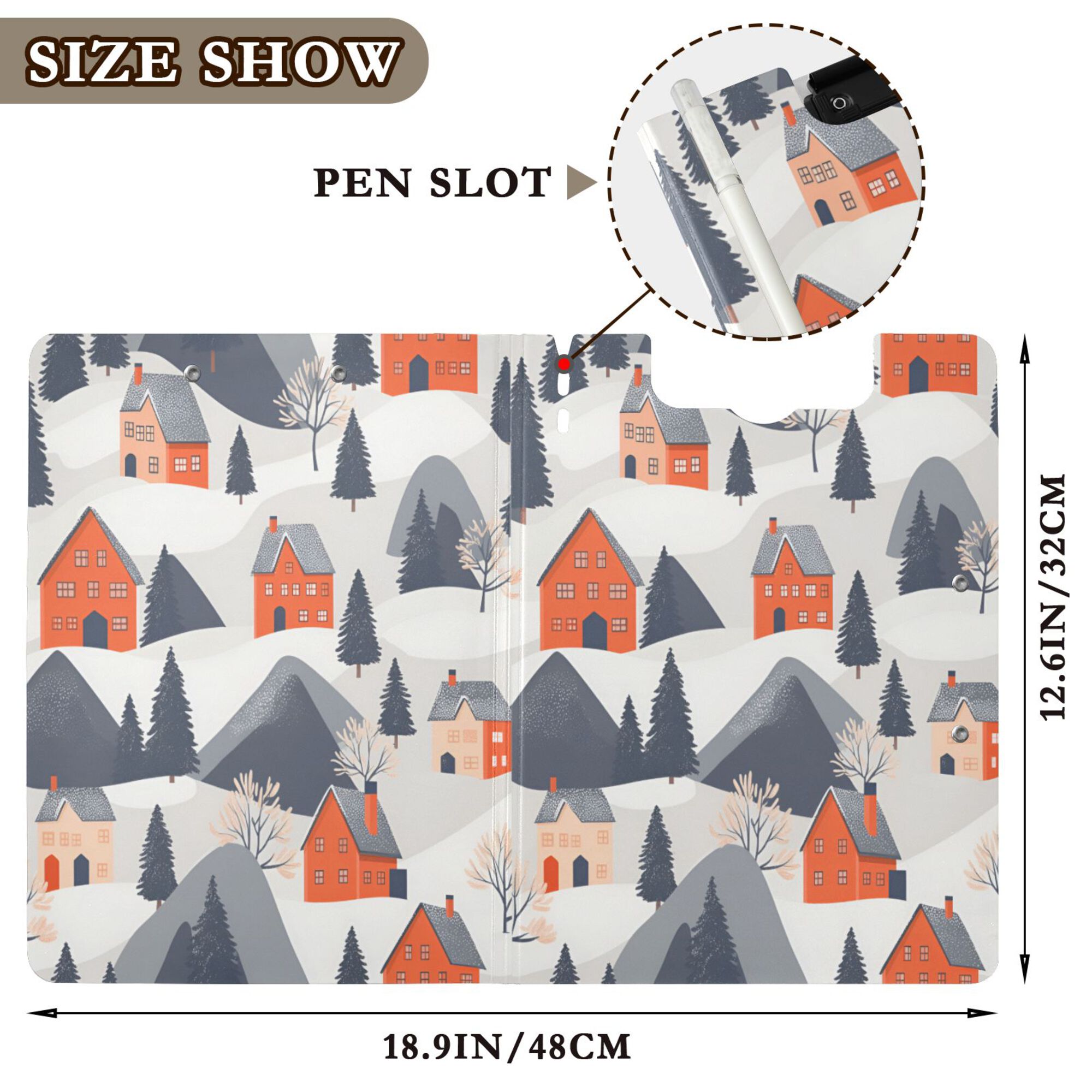 FORMRS A4 Clipboard Folder with Pen Holder Horizontal Foldable School Office Binder, Blue Snow Houses