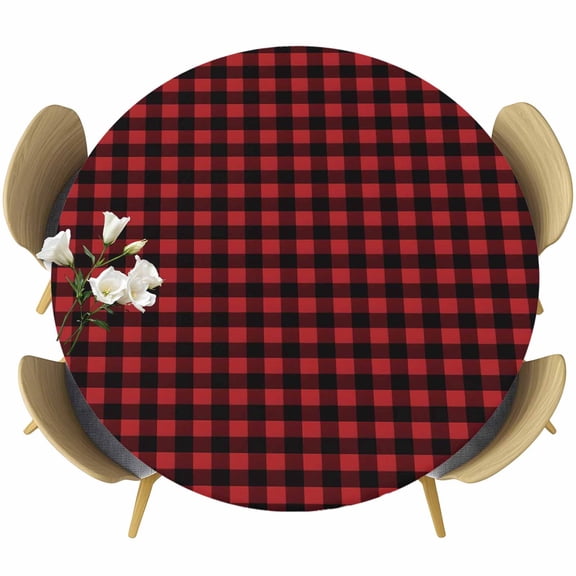 Red and Black Buffalo Check Plaid Round Fitted Table Cover Lattice Classic Black Red Waterproof Table Cloth with Elastic Edge Wipeable Tablecloth for Picnic Camping Party Fits 55"-60" Diameter