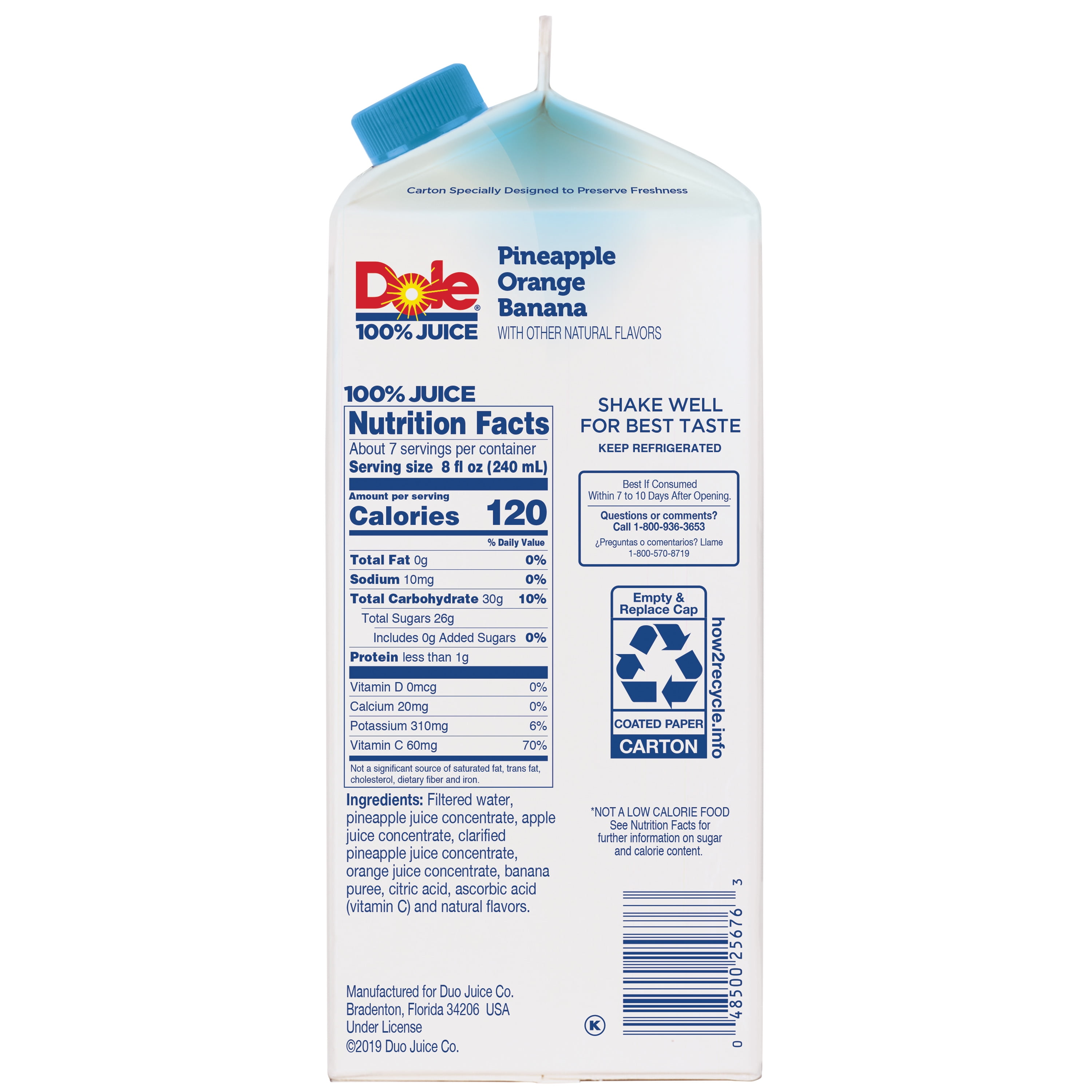 Dole 100% Juice Blend, Pineapple Orange Banana Flavored, 59 Fl Oz, Carton