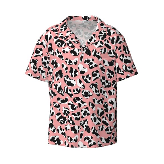 Fotbe Cow Animal Skin print Short Sleeve Button Down Shirts for Men Casual Summer Beach Wrinkle Free Shirt-Large